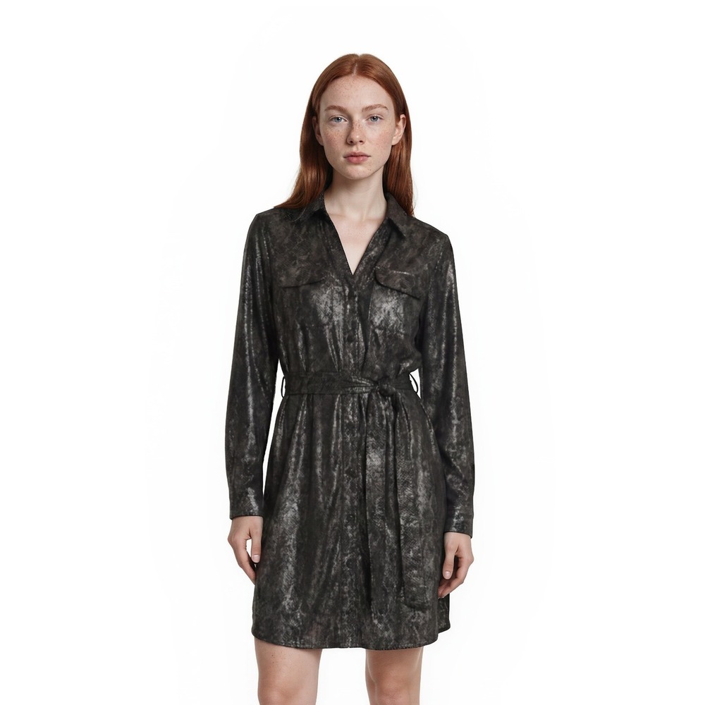 White House Black Market Shirt‎ Dress Women's Size 6 Black Snake Print Belted